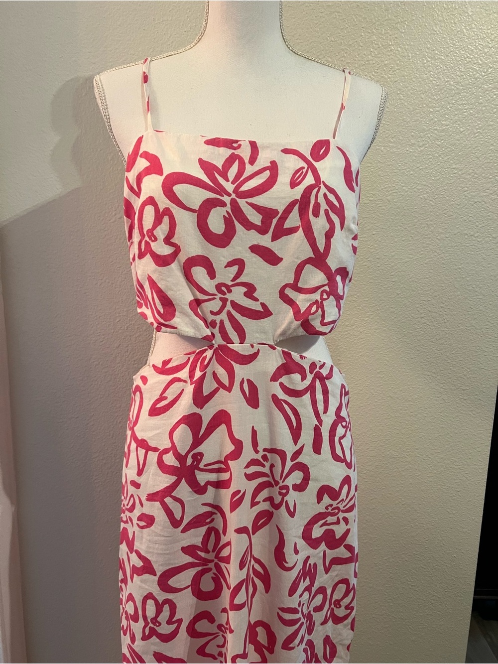 Mango White Midi Dress with Pink Floral Print